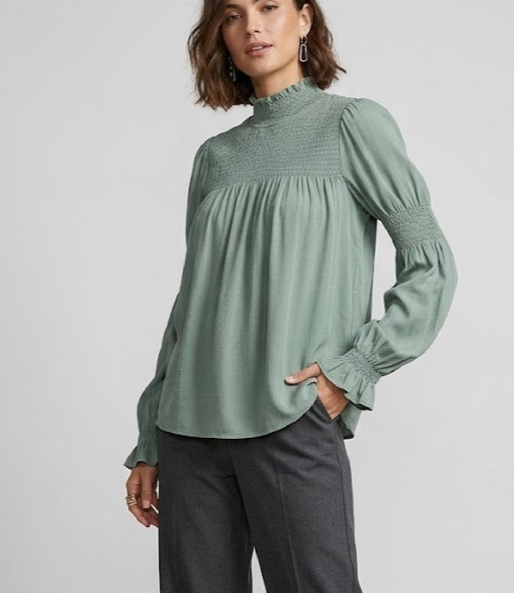 Easel Los Angeles Boho Sage Green Smocked Mock Neck Blouse Top Ruffle Cuff S